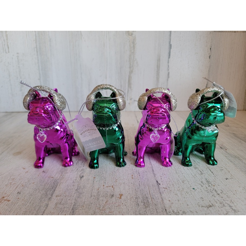 Wonder‎ shop pink green bulldog puppy earmuff ornament Xmas set glitter